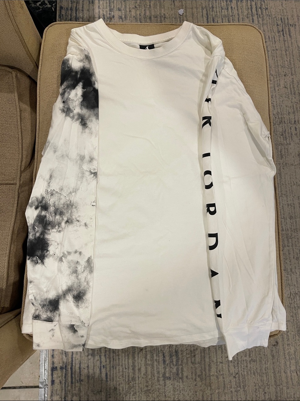 Jordan White Long Sleeve Tee with Black Tie-Dye Accent